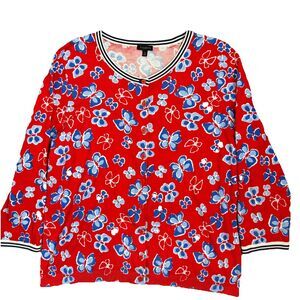 Talbots Red Blue Floral Butterfly Print Sweater Cardigan 3/4 Sleeves Womens XL